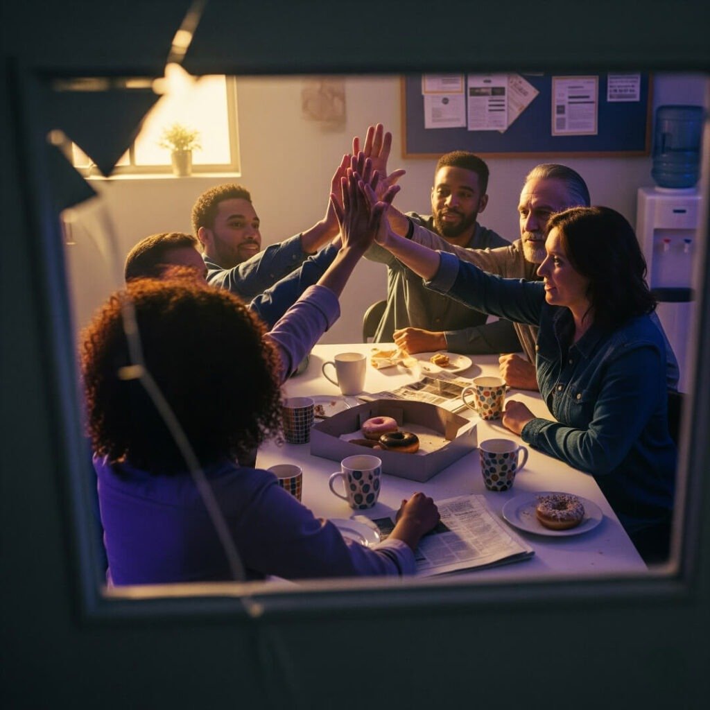 A blurry, photorealistic image of a diverse crew high-fiving.
