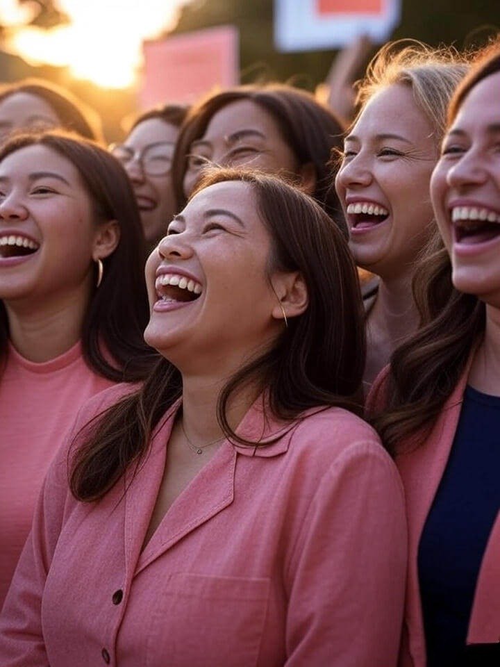 Vintage women laughing at rally, golden-hour light, peach-emerald tones, "Fighting for equal pay but finding sisterhood joy."