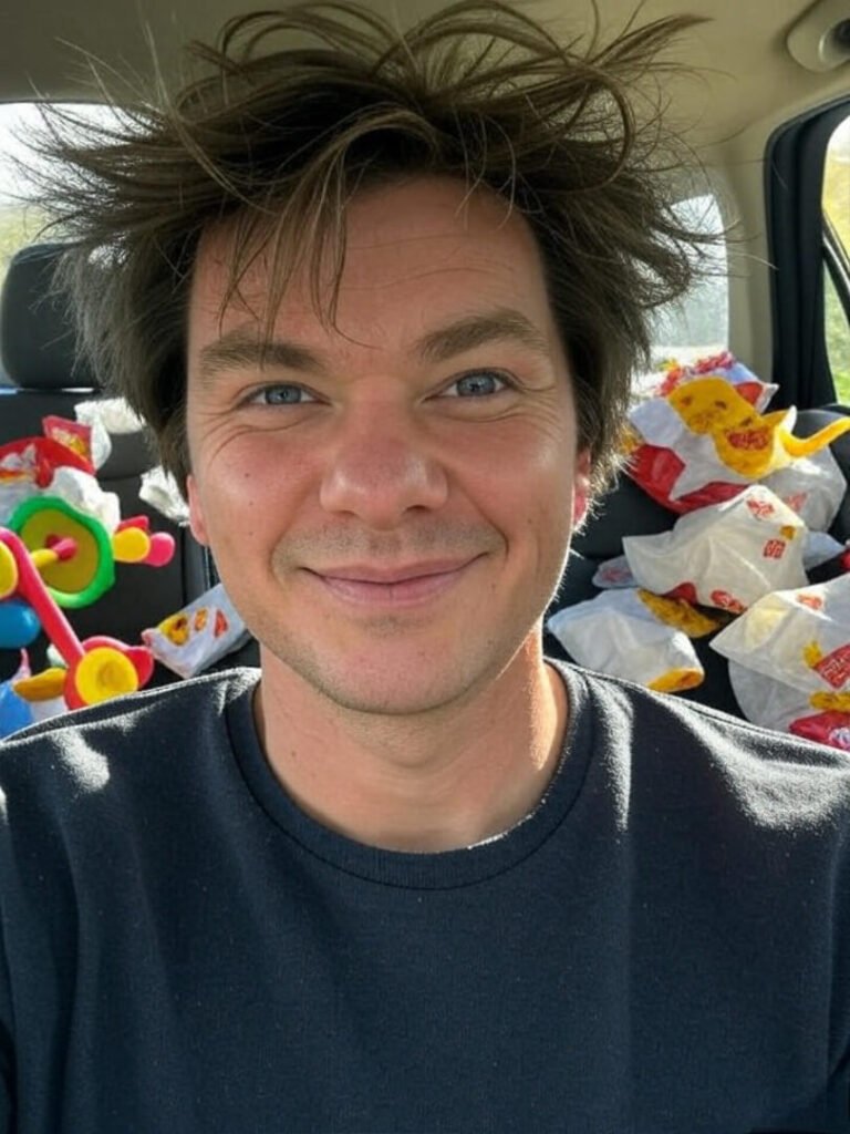 Messy car selfie, fast-food wrappers, kid’s toy, smirking through chaos.