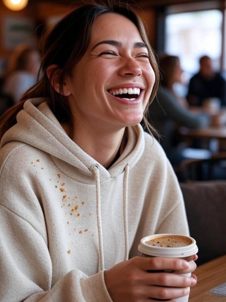 Blurry selfie of laughing woman with crumbs on hoodie, half-tipped coffee cup.