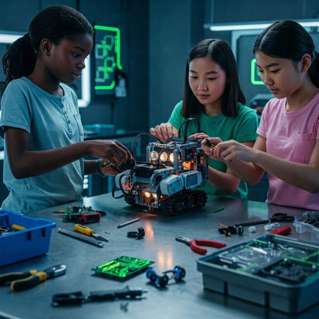 Girls assembling a robot