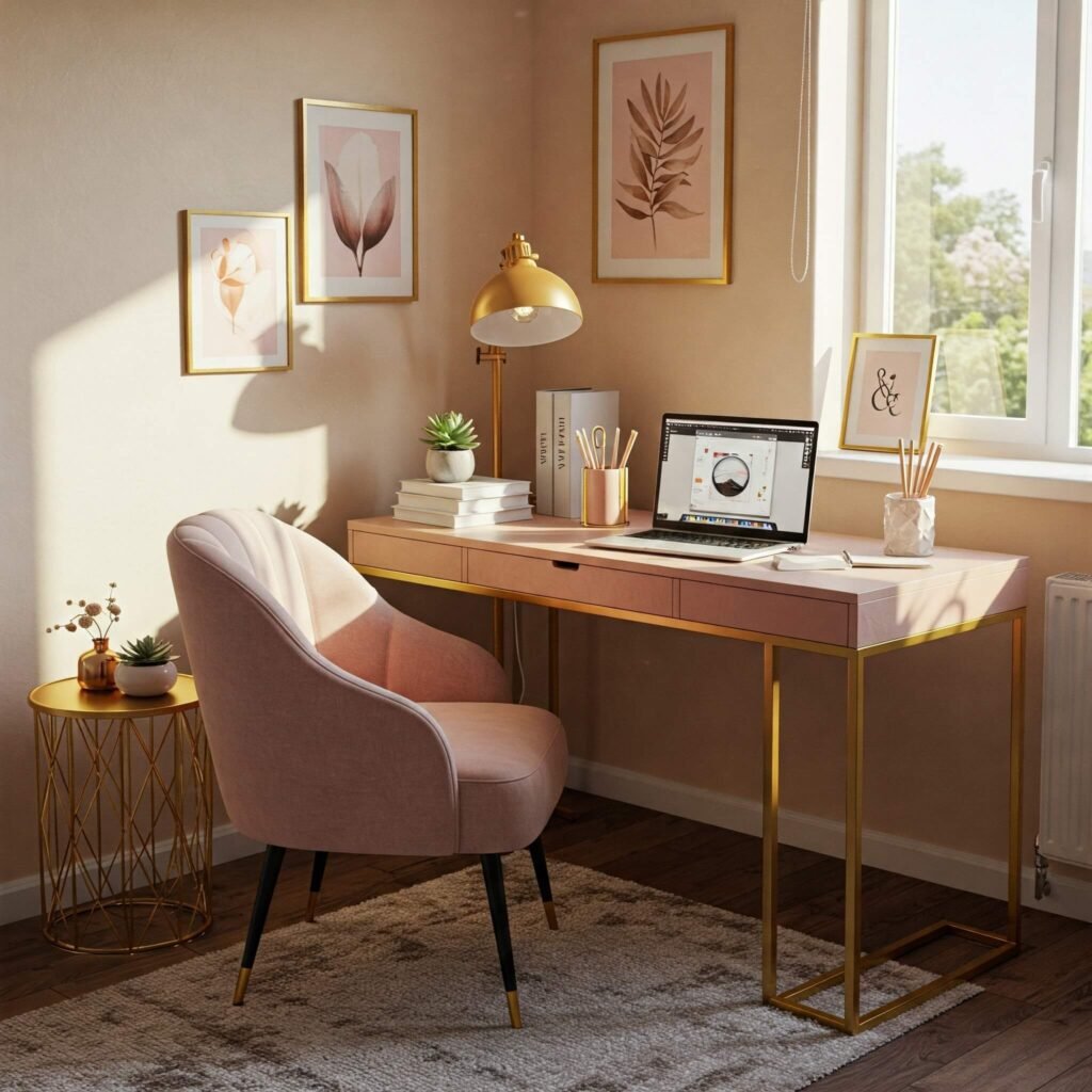 Cozy Gold & Pink Home Office Setup