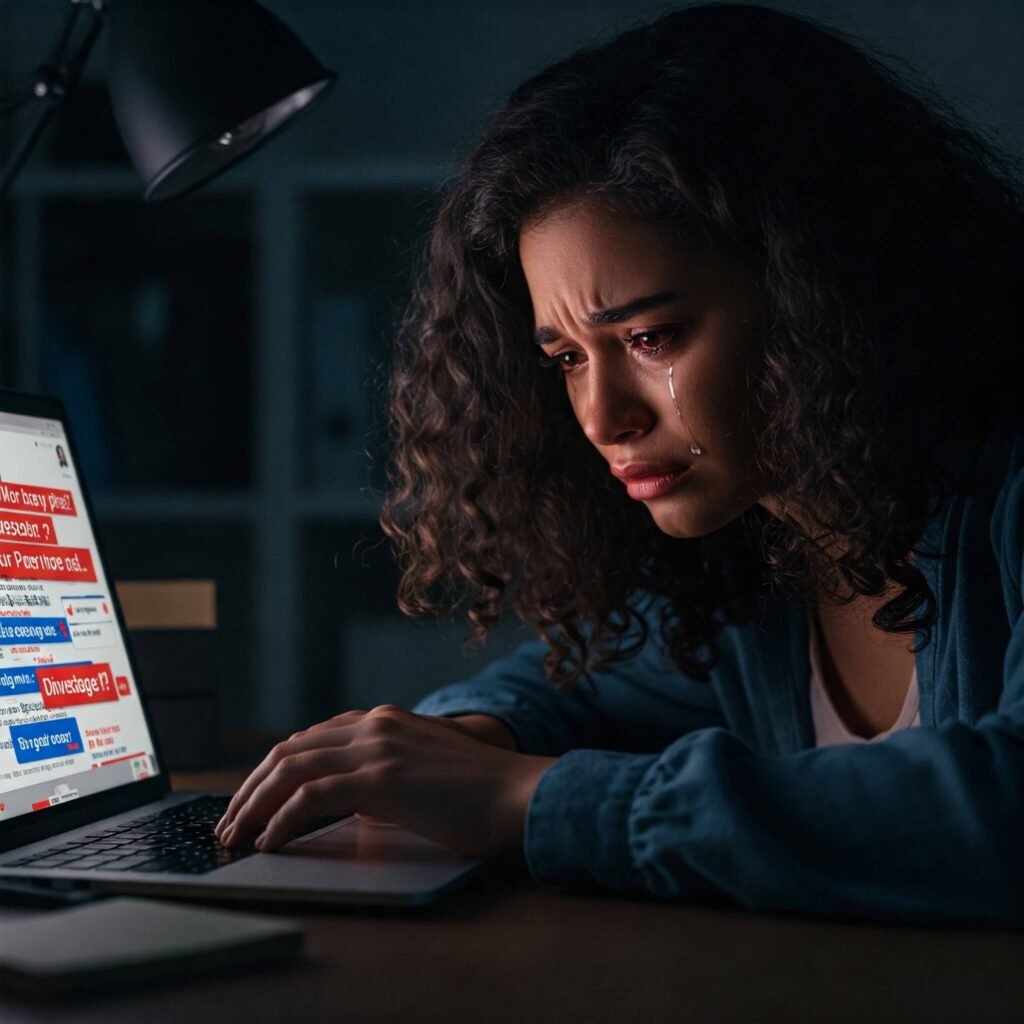 Stressed Person at Computer with Abusive Messages