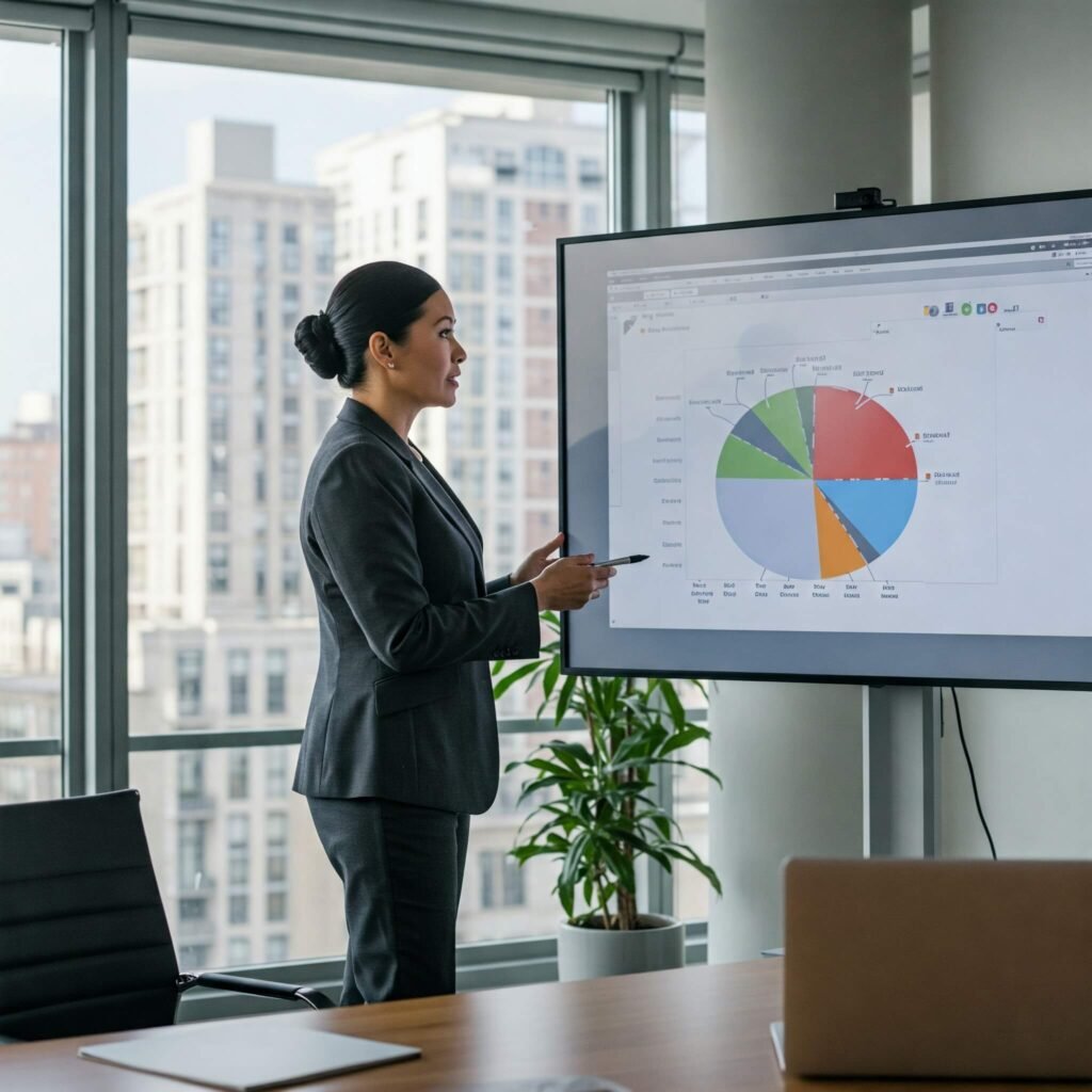 Confident Woman Presenting in Modern Office