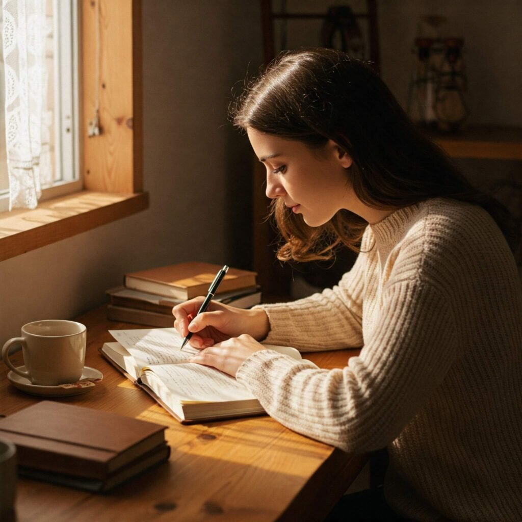 Woman Planning at Cozy Desk in Sunlight