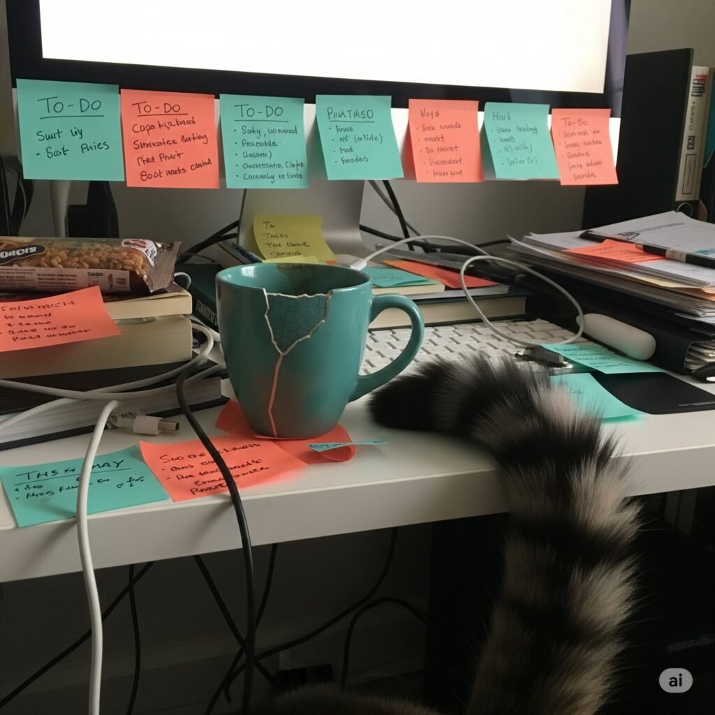 A raw iPhone snap of a cluttered desk with a cat's tail.