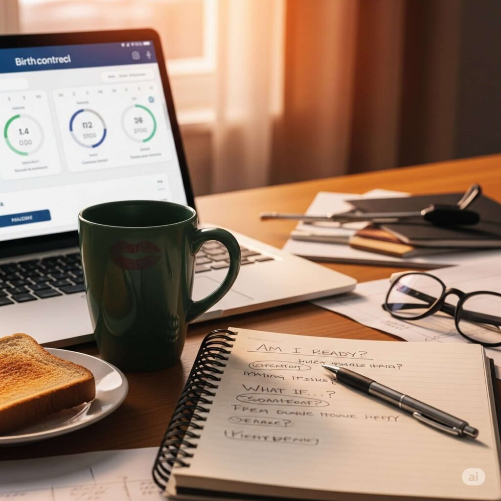 Photorealistic image of a messy desk with a laptop, coffee mug, and notebook.
