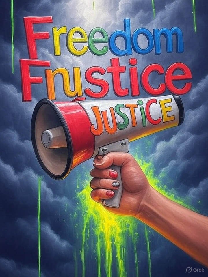 Messy digital painting of megaphone with "Freedom" and "Justice," chipped nails, neon green streaks.