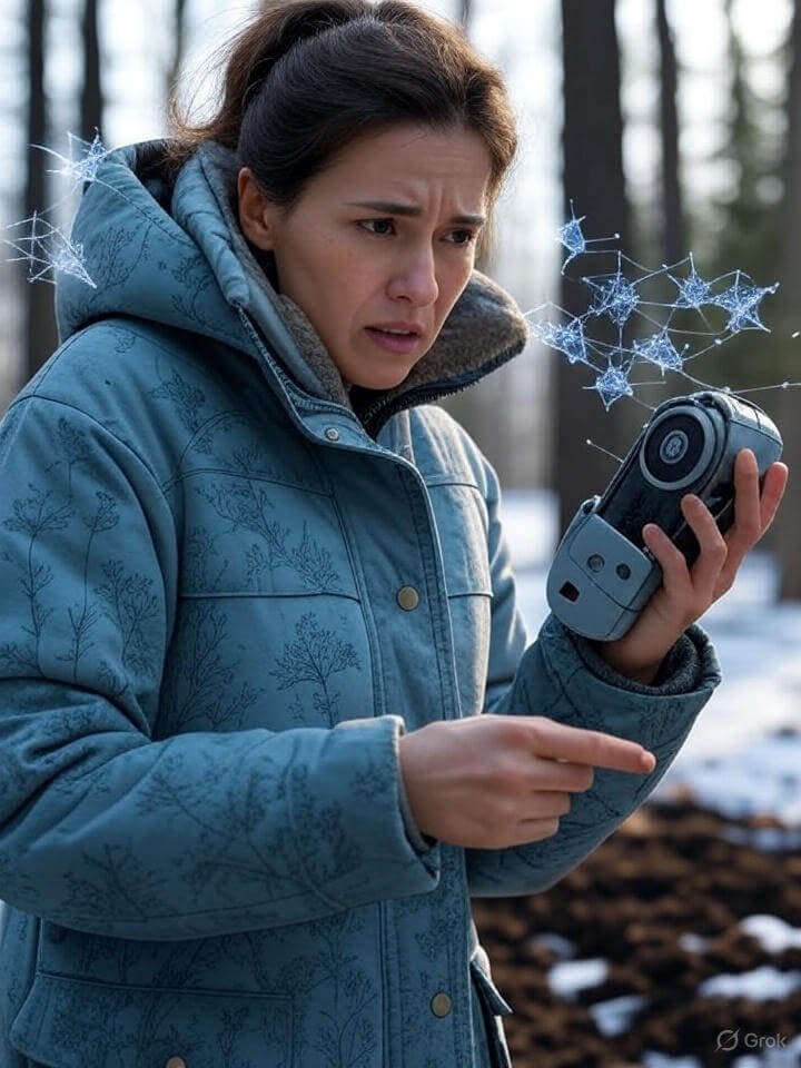 A confused woman in a winter jacket points at a device emitting a web-like energy field.