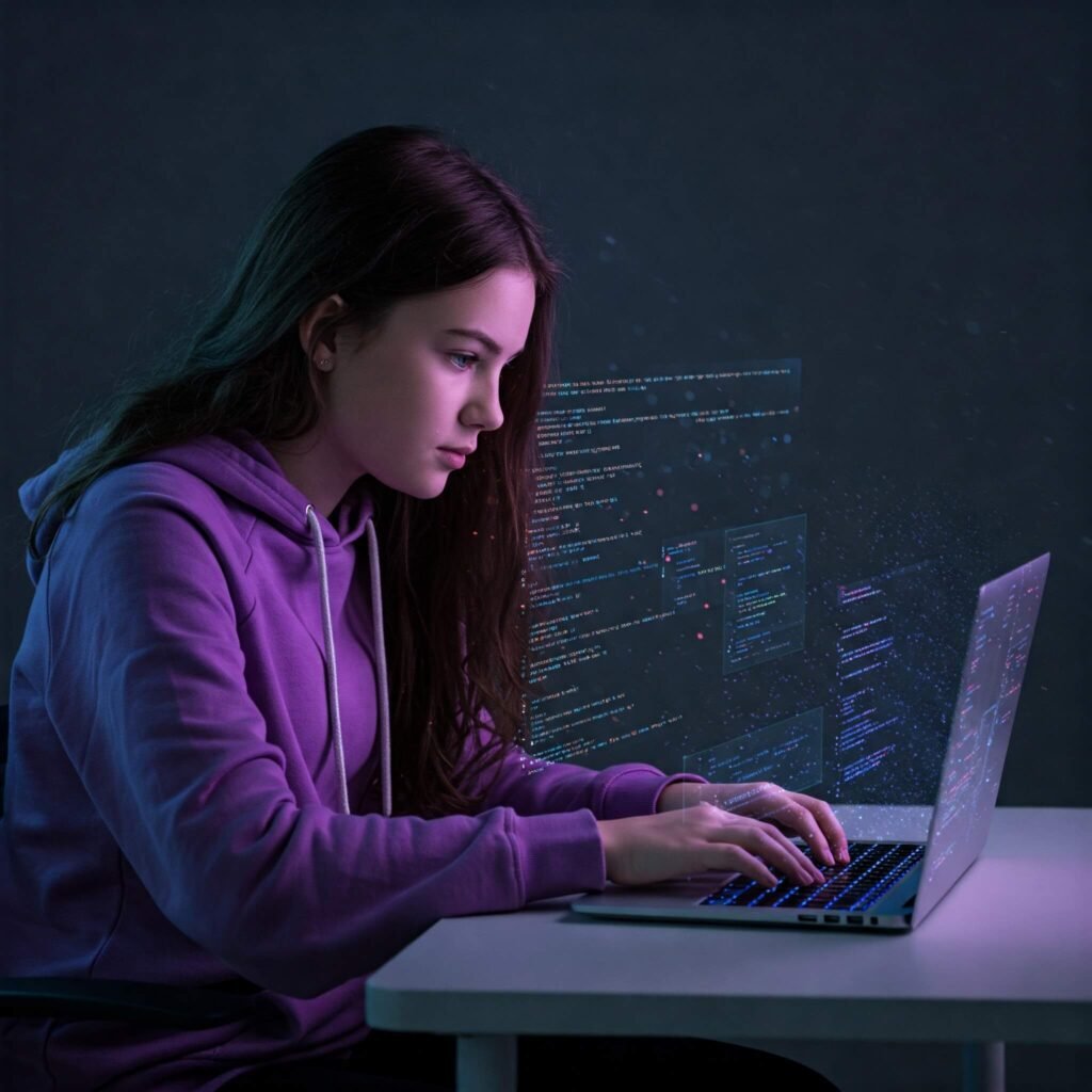 Teenage girl coding on laptop