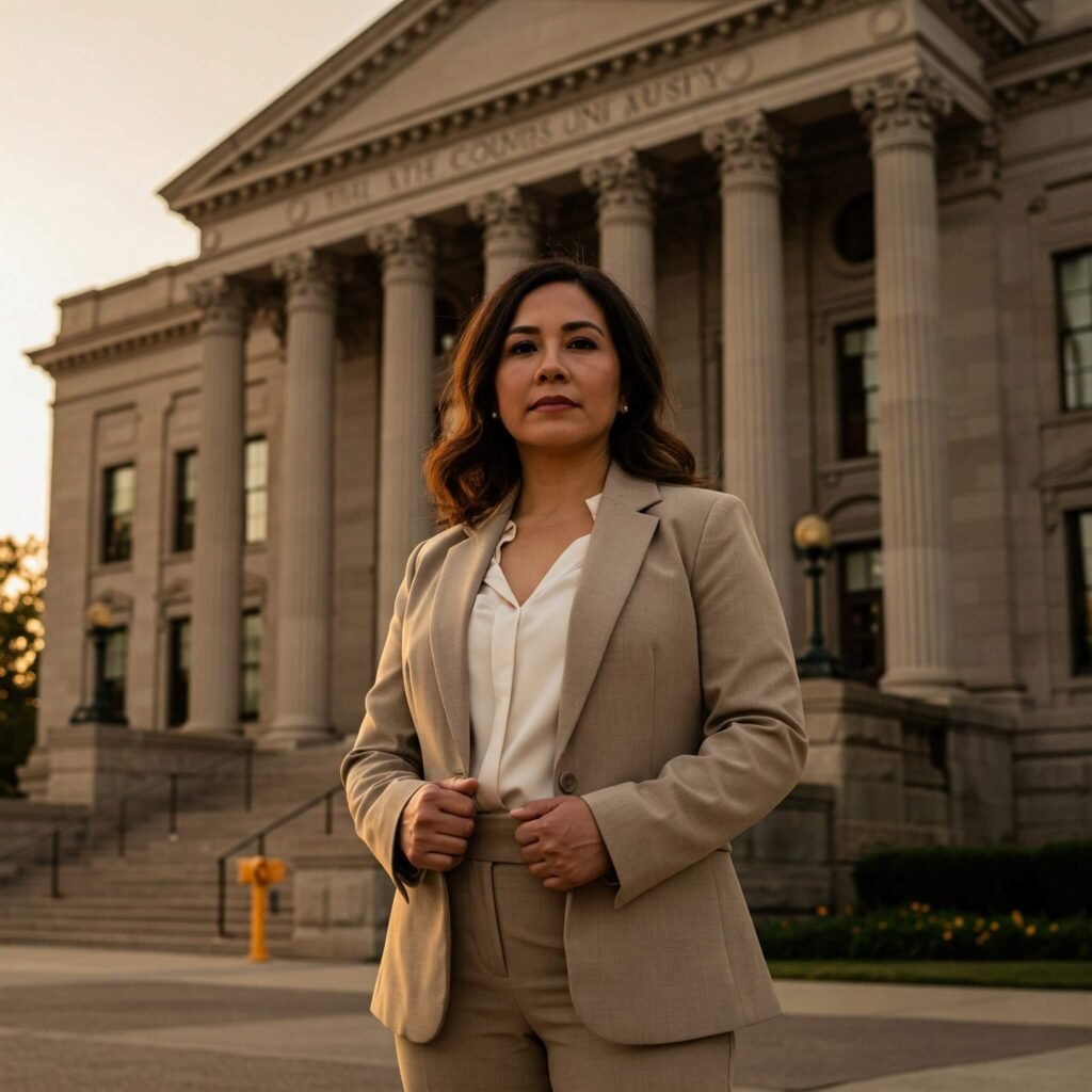 Empowerment Through Law: Confident Woman at Courthouse