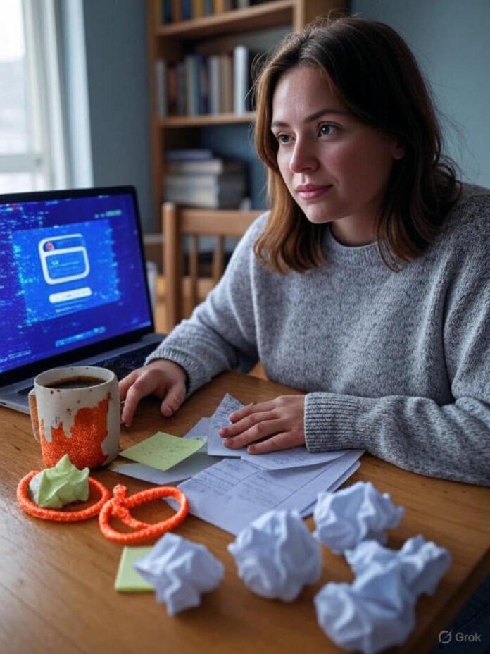 Chaotic Ohio kitchen table with laptop glitch, crumpled notes, chipped mug, glittery hair tie.