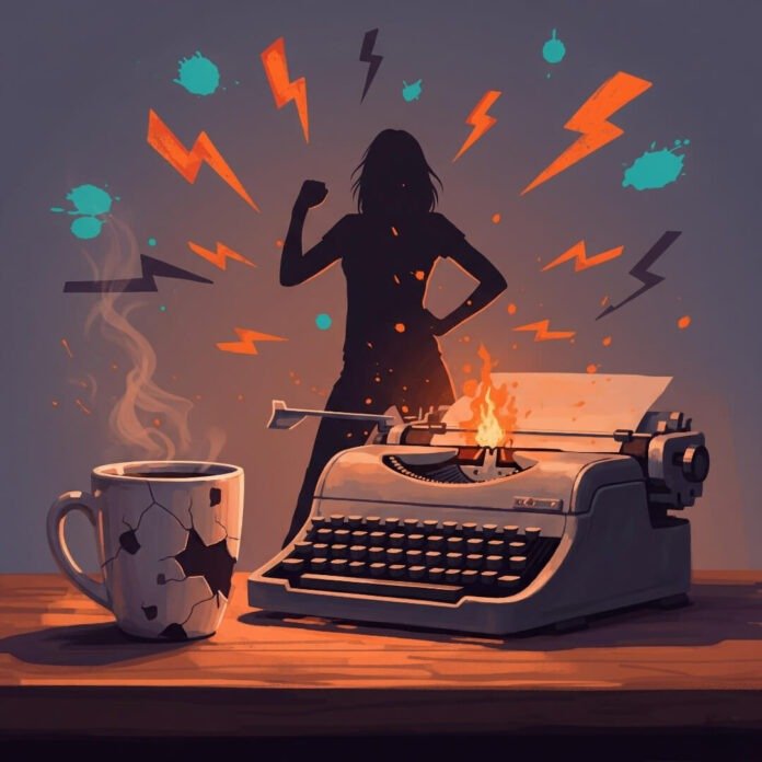 A chipped mug, glowing typewriter, and power-posing woman silhouette.