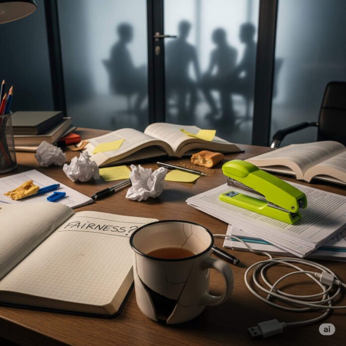 A chaotic desk with a chipped mug, a notebook, a green stapler, and a reflection.