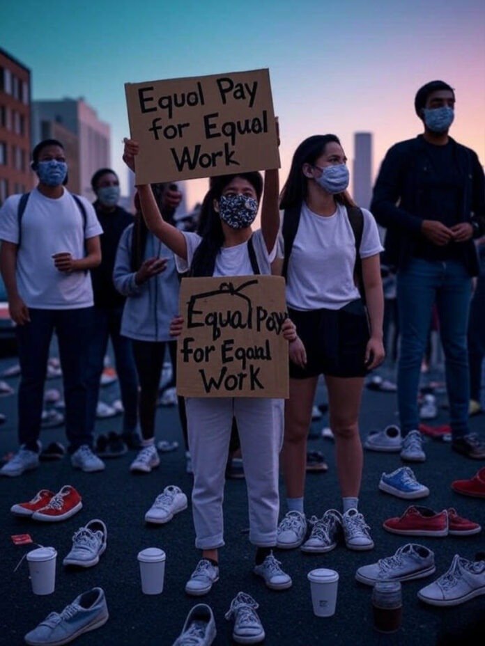 Blurry protest with "Equal Pay" sign, worn sneakers, coffee cups, dusk skyline.