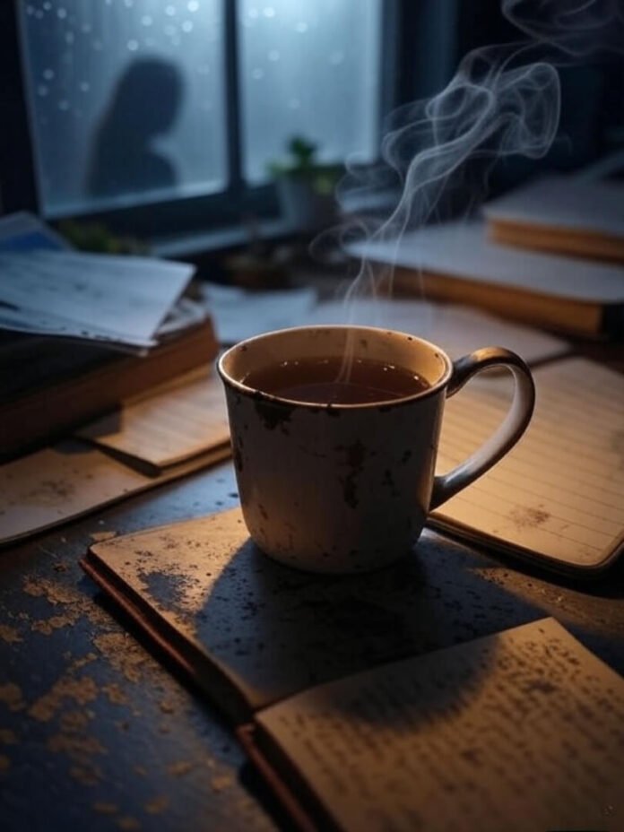 Messy desk with chipped tea mug, smudged journal, woman’s shadow on rainy window.