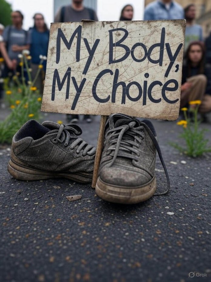 Weathered "My Body, My Choice" sign with muddy sneakers, blurry crowd, wildflowers.