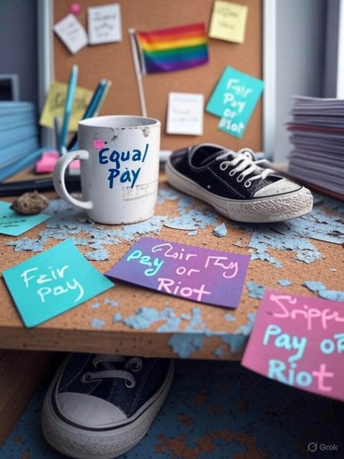 Messy desk with rainbow flag, chipped "Equal Pay" mug, sneaker, and scattered notes.