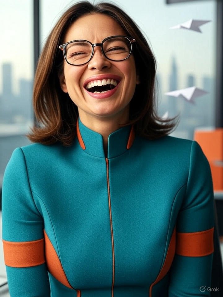 Blurry photo of a woman in a power suit laughing mid-meeting, glasses slipping, with paper airplanes and a city skyline in teal and burnt orange.