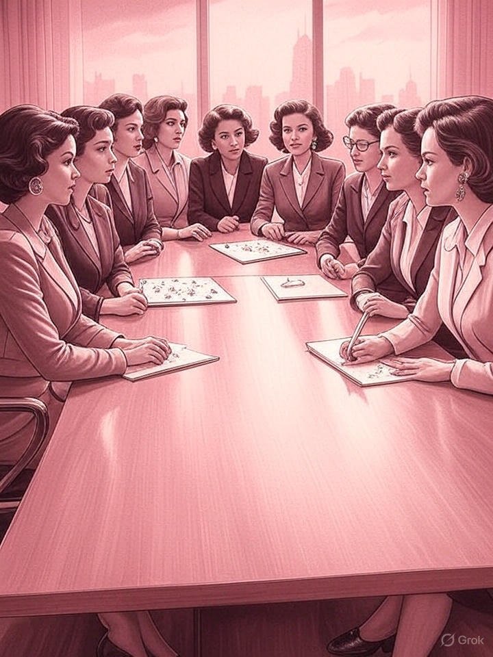 Retro sketch of diverse women executives at a conference table, one doodling stars, all wearing mismatched earrings, in sepia and pale pink tones.