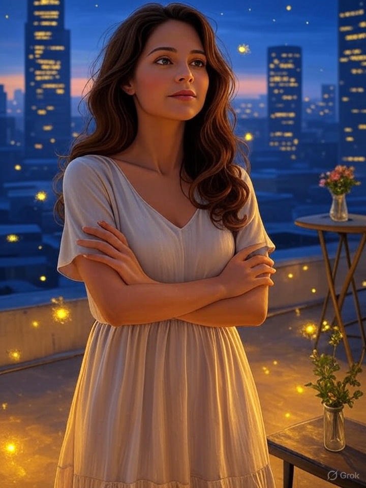 Impressionistic painting of a woman on a rooftop, arms crossed, watching a buzzing city with glowing fireflies, in deep blues and vibrant yellows.