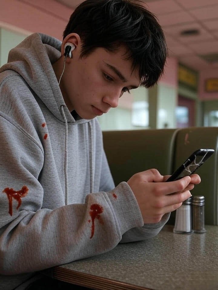 Slouched diner figure with earbud out, cracked phone, ketchup-stained hoodie, vintage tones.