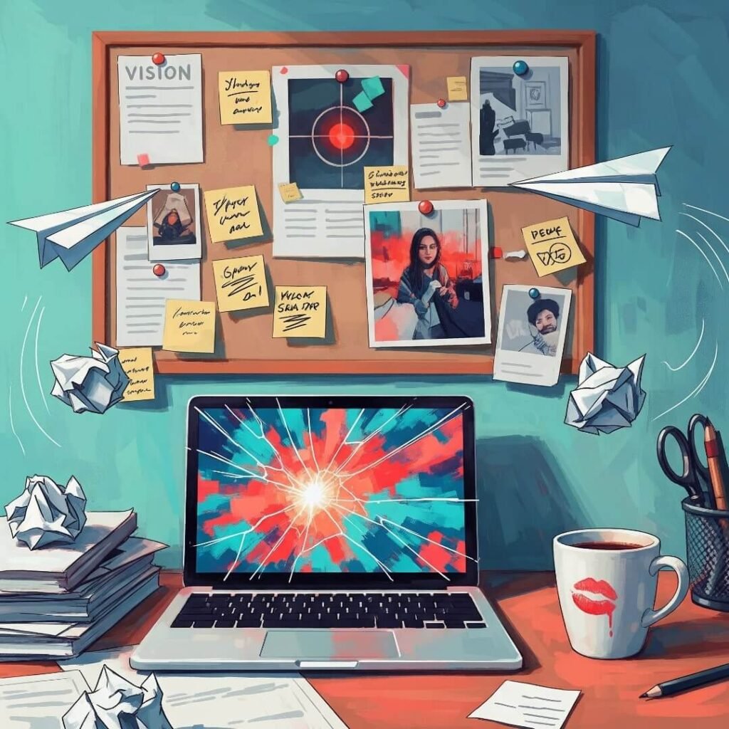 Cracked laptop, lipstick-stained mug, vision board, and flying paper airplanes on a desk.