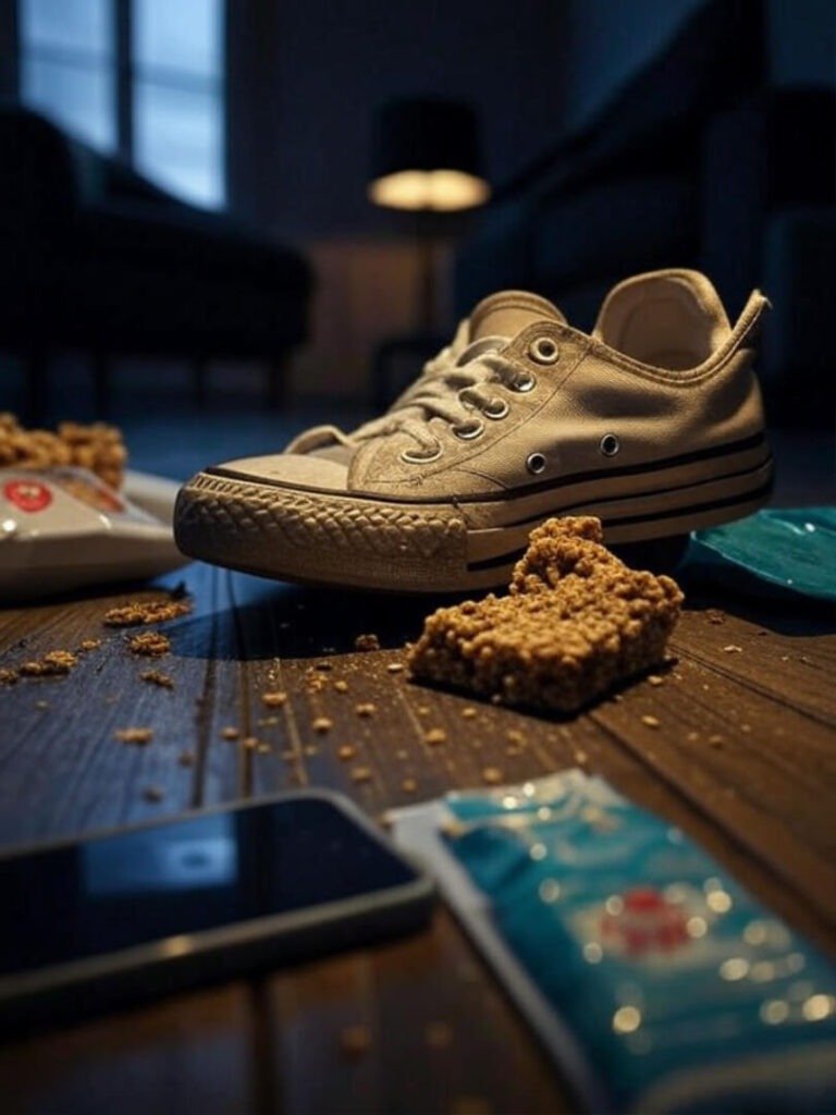 Crooked shot of pacing sneakers, half-eaten granola bar, buzzing phone, gritty anxious vibe.