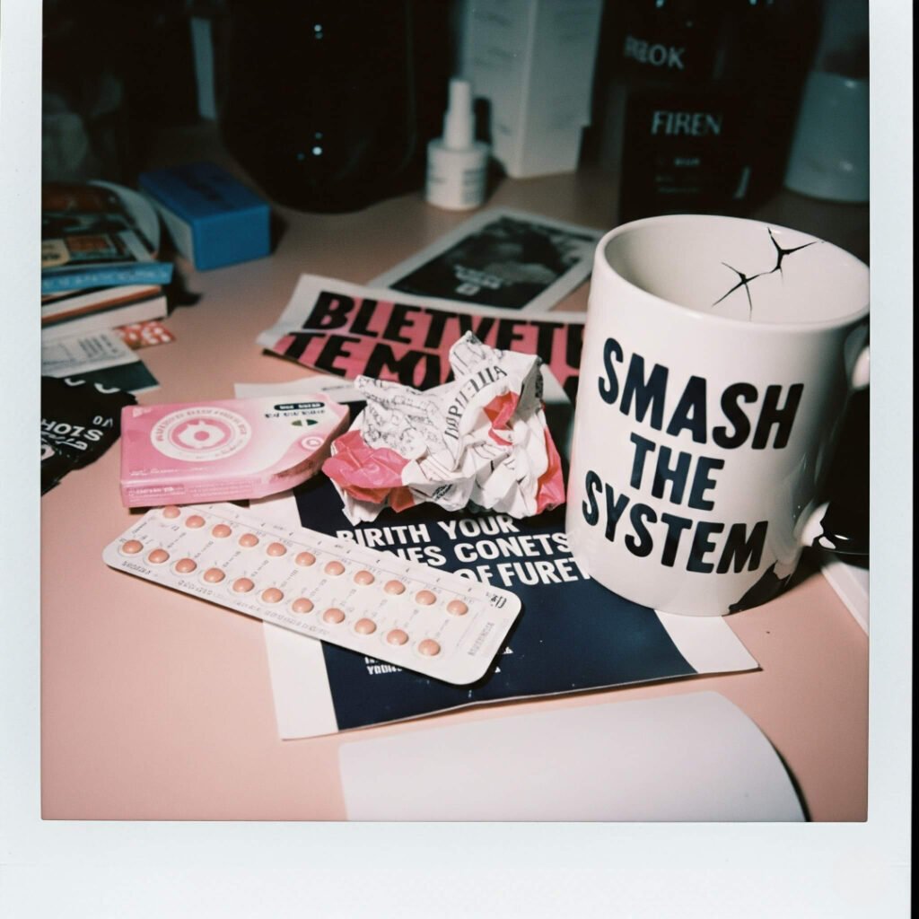 A messy desk with a birth control pack, a protest flyer, and a mug.