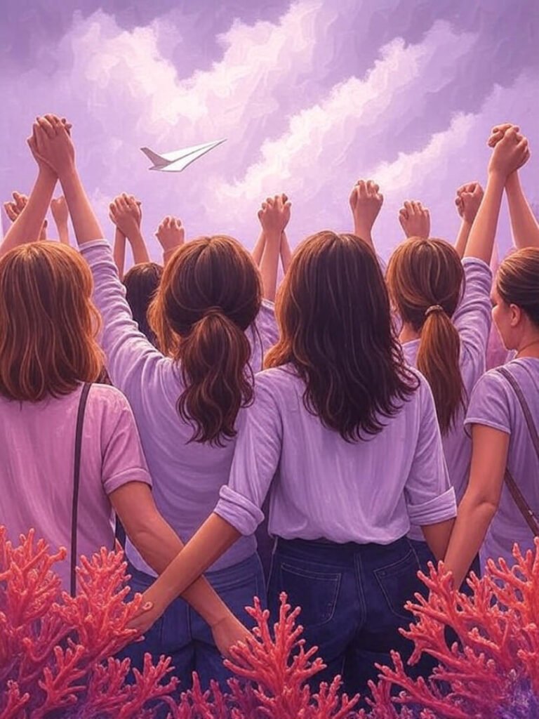 Impressionistic rally scene, women linked hands raised, paper airplane, purple-coral sky.