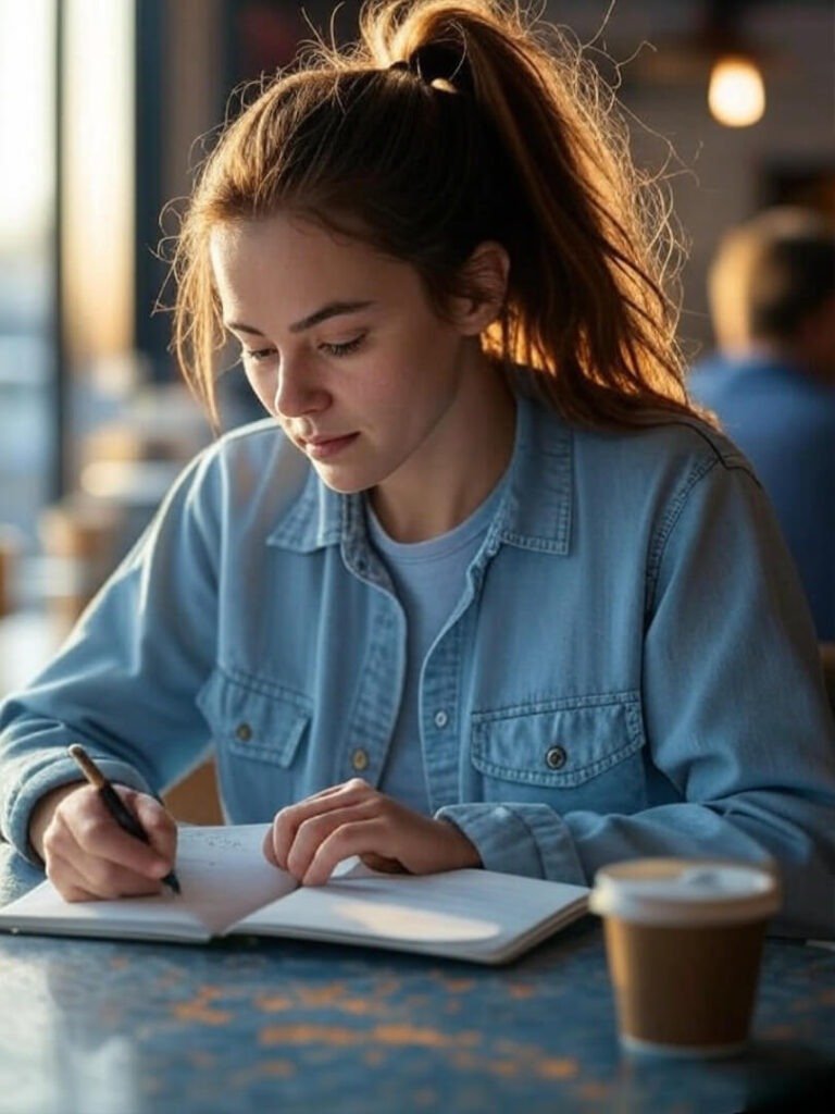 Woman with messy ponytail scribbling in notebook at coffee shop, frazzled vibe.