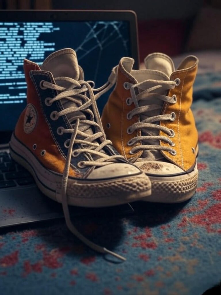 Scuffed Converse with dangling lace beside cracked laptop, code showing, wryly funny vibe.