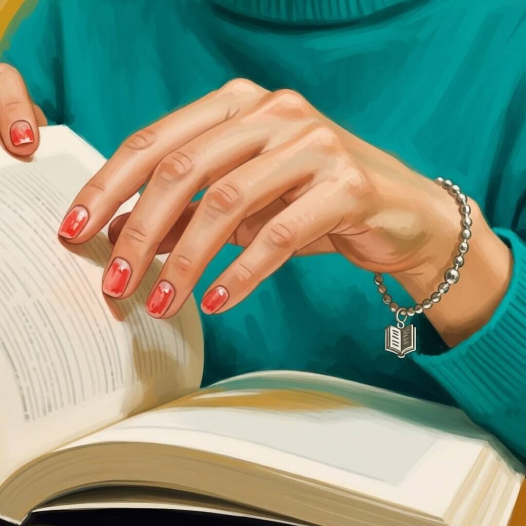 Close-up digital painting of a woman's hands flipping a textbook.