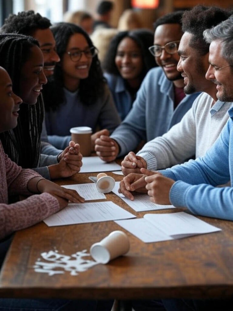 Tilted photo of diverse group at coffee shop, papers scattered, spilled cup.