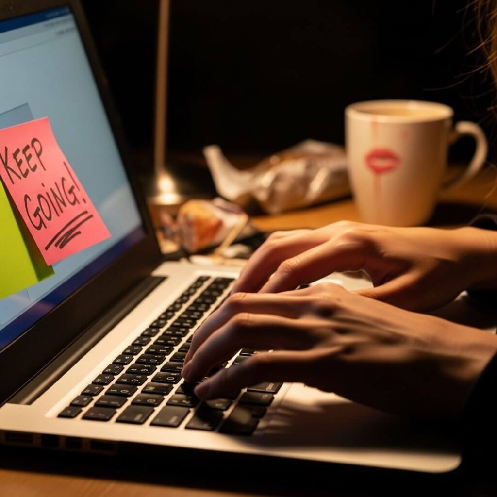 A close-up of a woman's hands typing at night on a keyboard.