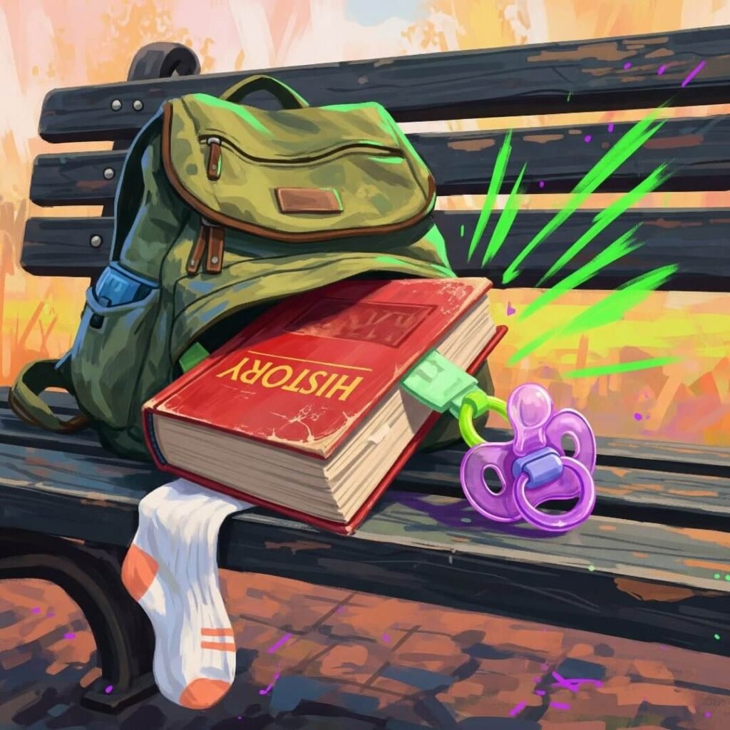 An impressionistic digital painting of a backpack spilling open on a park bench.