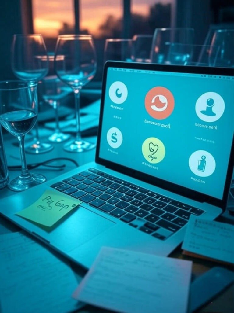 Grainy Zoom call on laptop, wine glasses, sticky note with “Pay Gap???” in teal-orange.