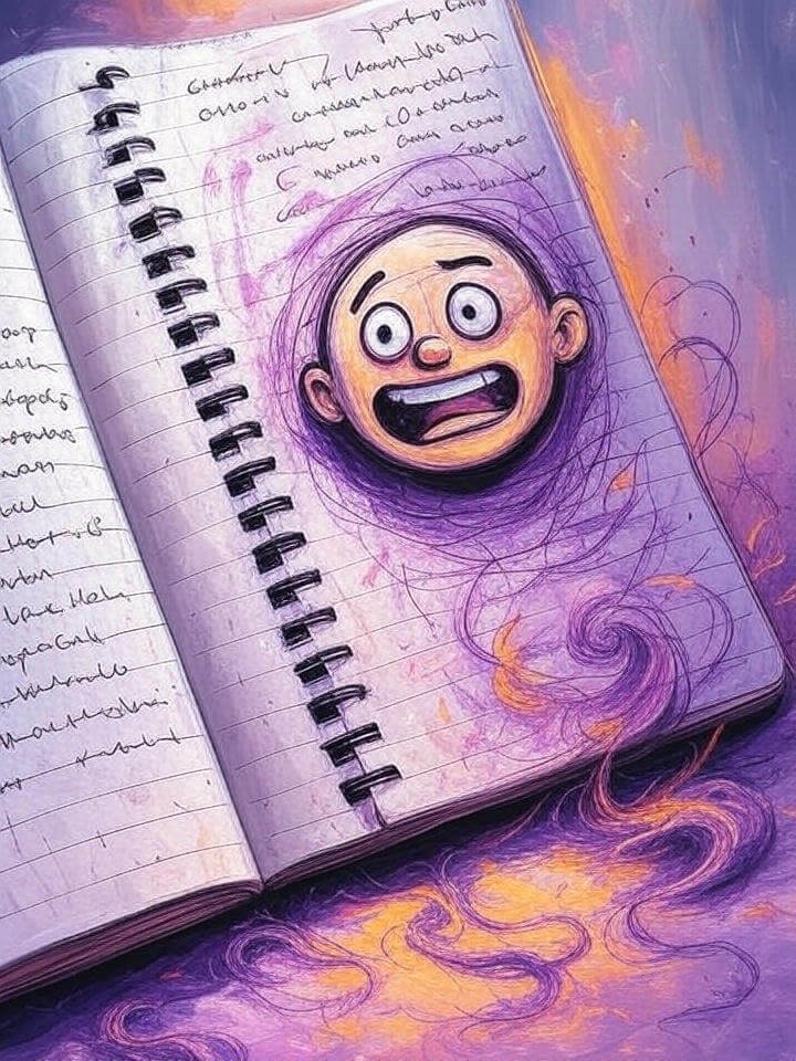 Chaotic notebook with stressed cartoon face, smudged pen, purples and oranges.
