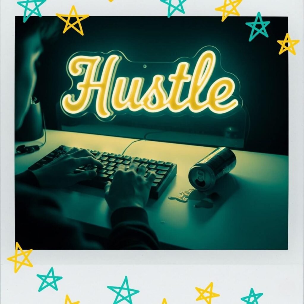 Typing person, "Hustle" neon sign, tipped-over energy drink, and doodled stars.