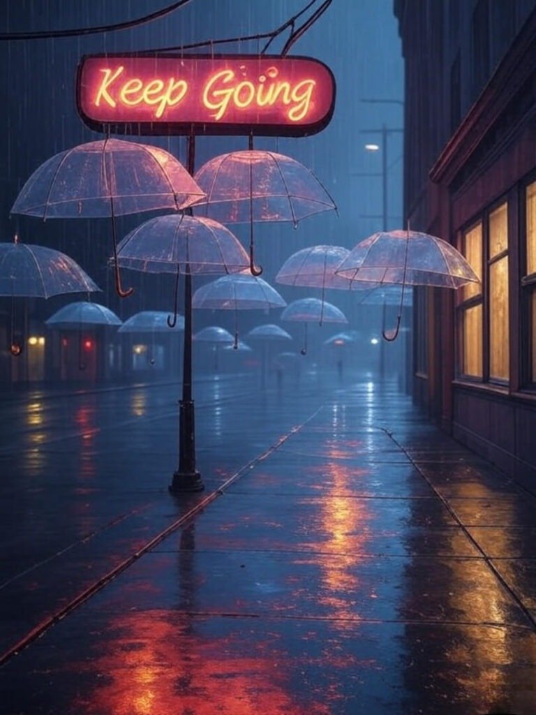 Rainy Seattle street at night, neon "Keep Going" sign, floating umbrellas, gritty hope.