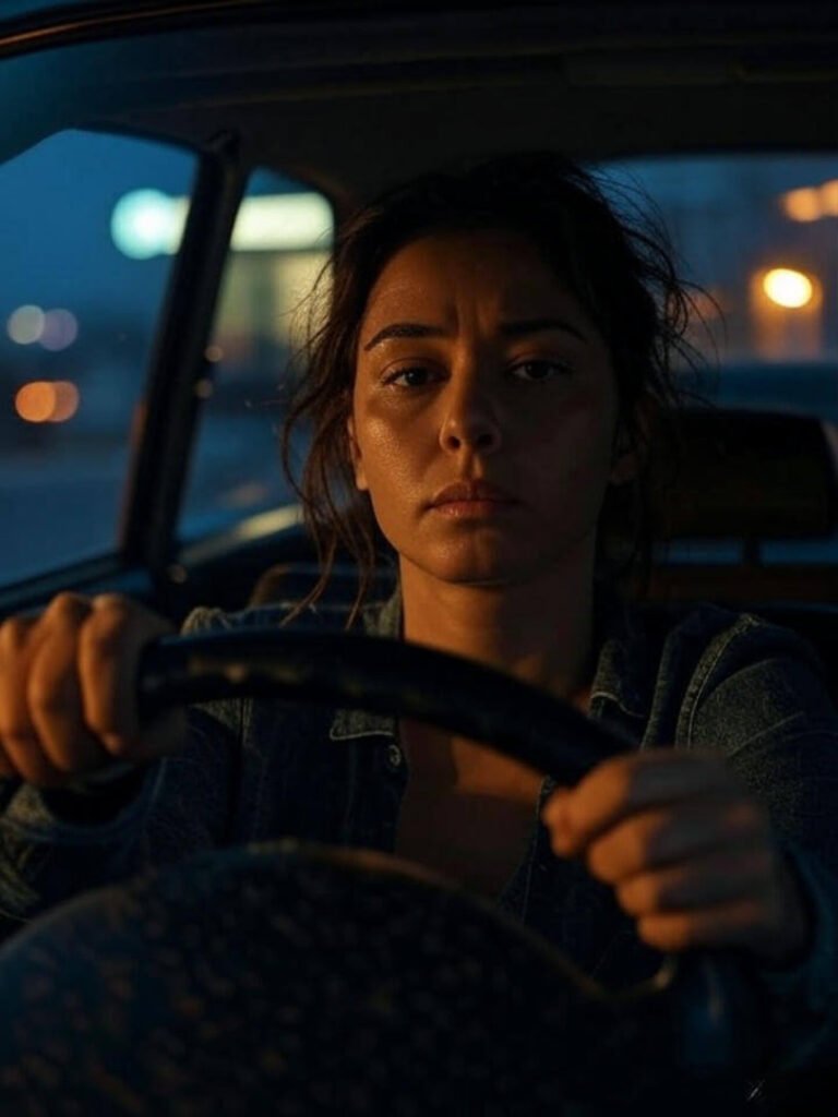 An exhausted woman grips a steering wheel in a car at dusk.