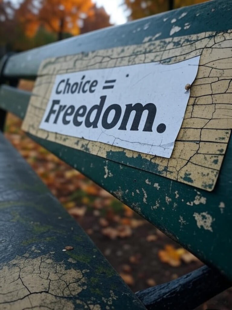 Worn protest sticker "Choice = Freedom" on cracked bench, snail, green-orange tones.