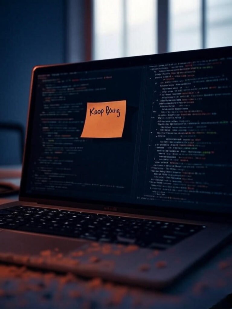 Laptop with buggy code and smudged "Keep Going" note, raw persistent vibe.