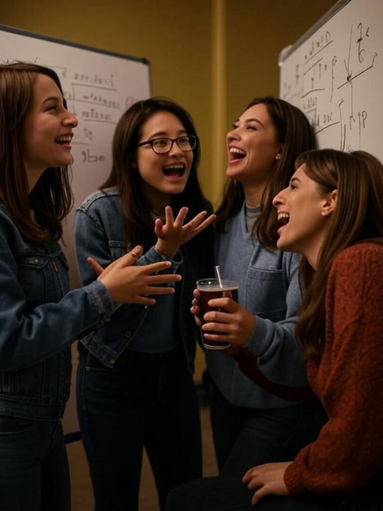 Three women at hackathon, gesturing at whiteboard, laughing with soda, vintage vibe.