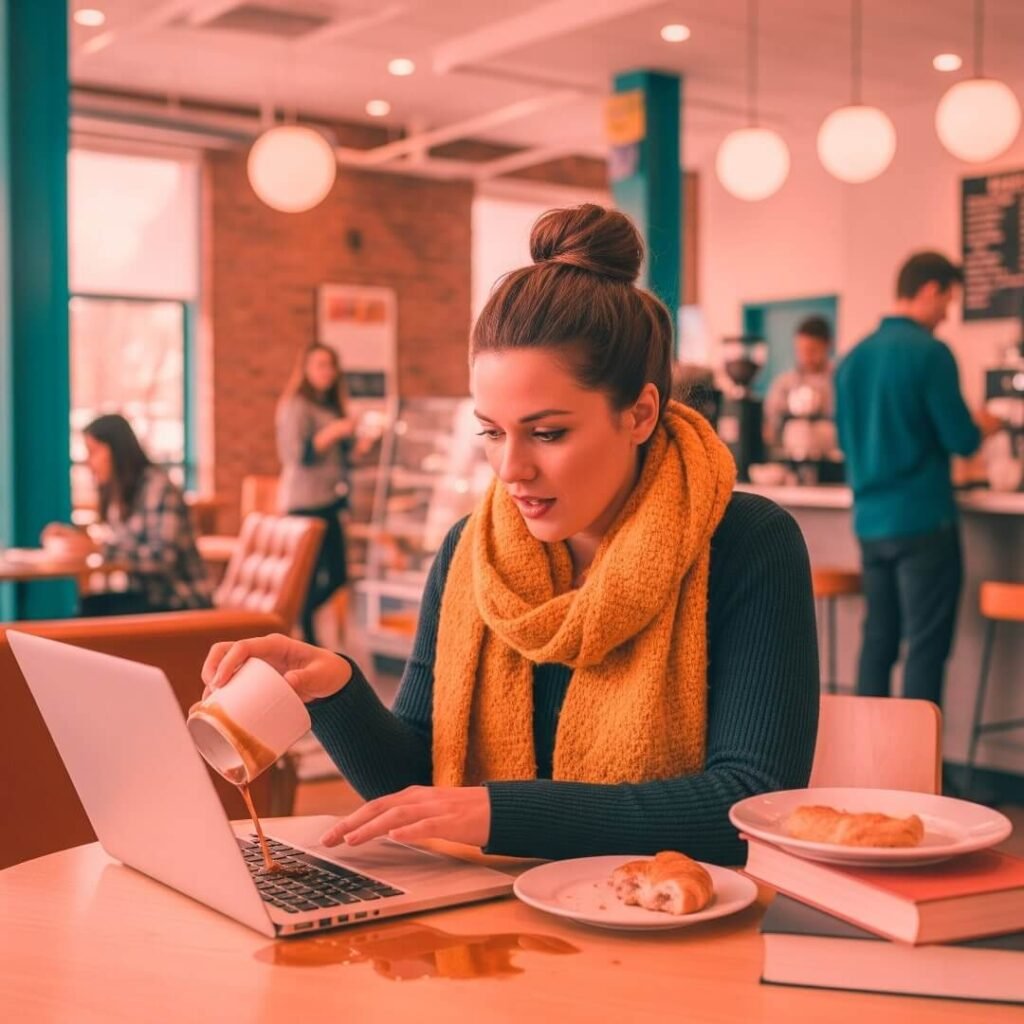 A woman spilling coffee on her laptop at a campus coffee shop.