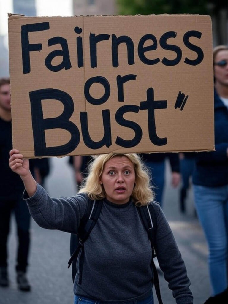 Rough protest sign "Fairness or Bust" in street-art style, held at rally.