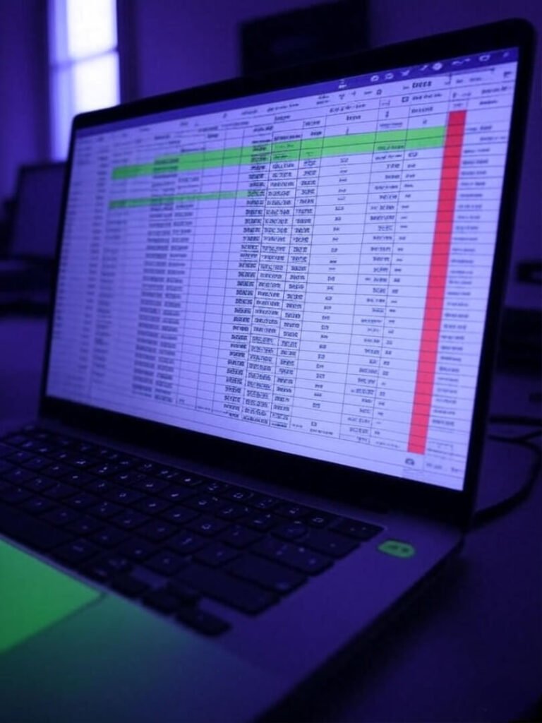 Crooked laptop screen with salary spreadsheet, red row, purple-green, showing pay gap frustration.