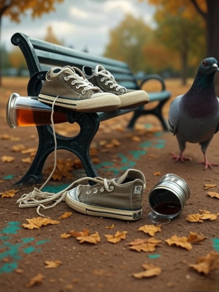 Off-kilter sneakers on bench, spilled tea, autumn leaves, pigeon side-eye, turquoise splash.