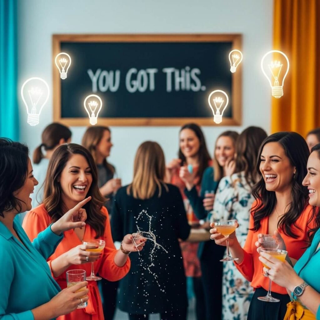 A women's meetup with laughter, spilled cocktails, and a "You Got This" chalkboard.