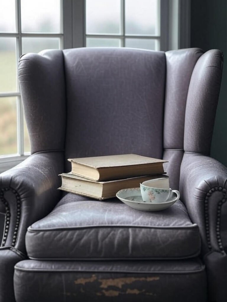 Cozy armchair by window, dog-eared book, chipped teacup, lavender-sage calm vibe.